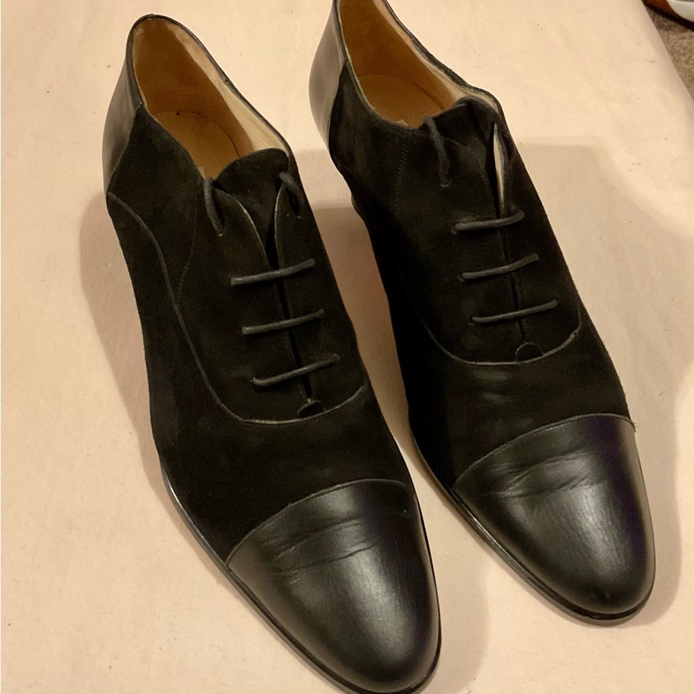 Black Suede and Leather Cap-Toe Heeled Oxfords